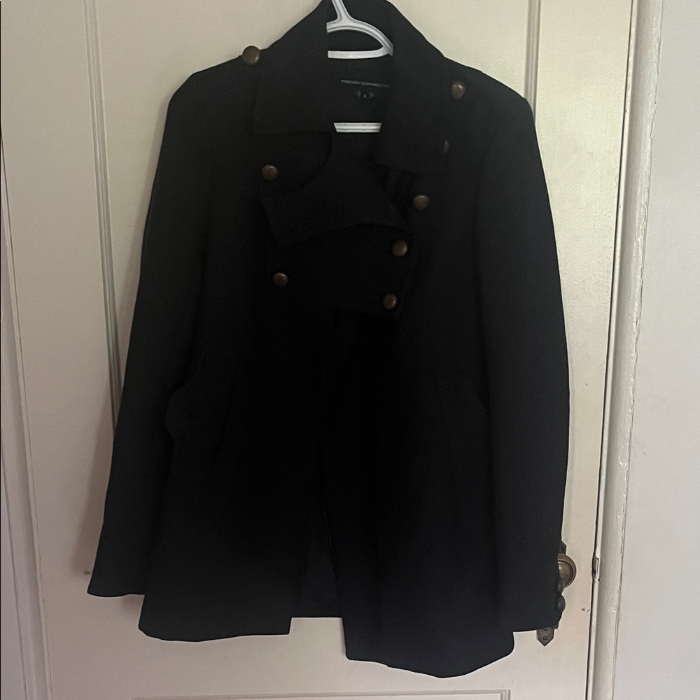 French Connection Black Pea Coat with Gold Buttons